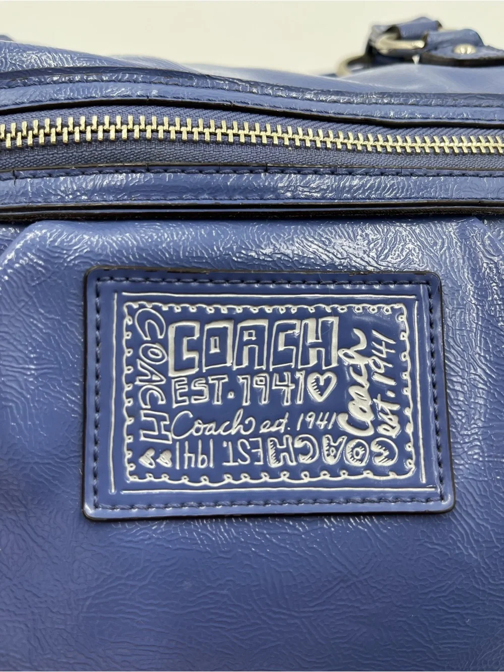 COACH Blue Poppy Daisy Liquid Gloss Paten Leather Hand Bag - Picture 5 of 11